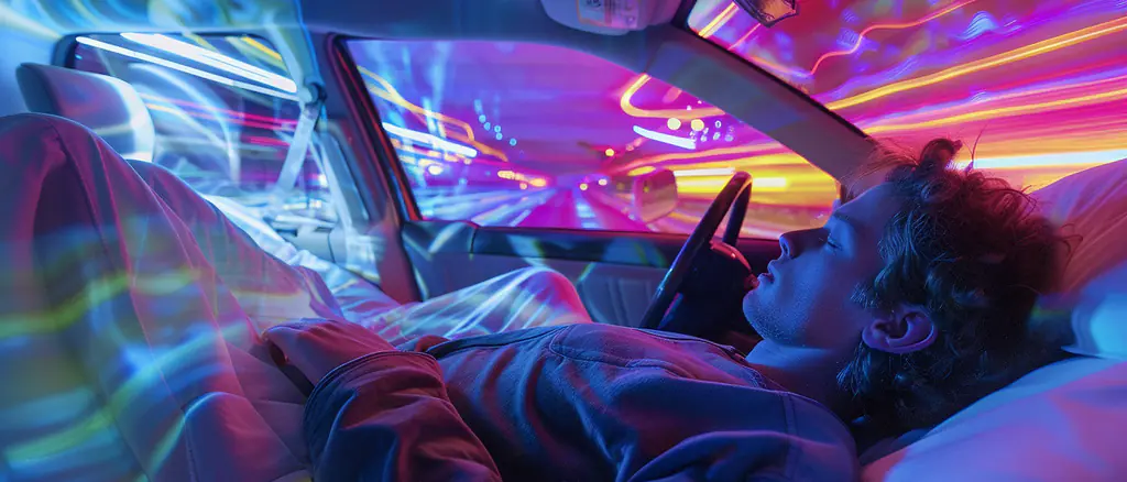 Person schläft im Auto und erlebt einen intensiven Traum, an den illustrativen Farben erkennbar.