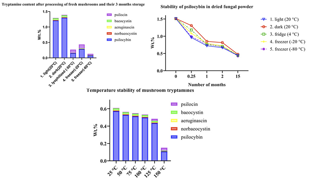 Diagramme, die die Tryptamine in Pilzen und die Stabilität von Psilocybin zeigen.