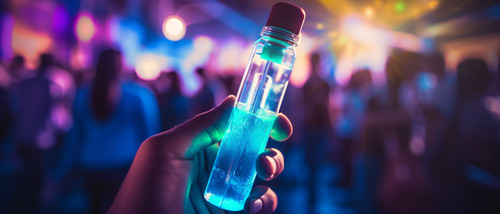 Eine Flasche mit blauer Flüssigkeit auf einer Party