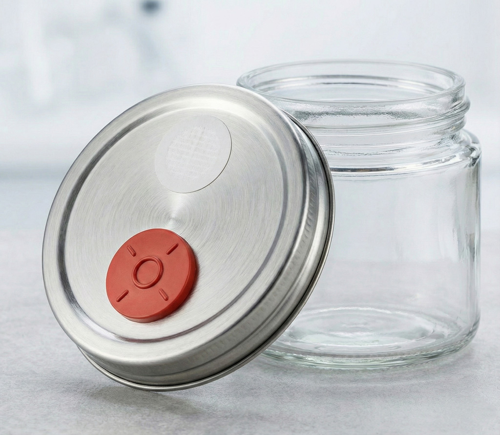 Ein Glas mit einem Metalldeckel, ausgestattet mit einem Gummi-Injektionsport und einem Filteraufkleber fuer die Pilzzucht.